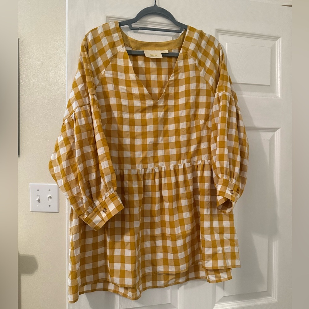 Maeve Anthropologie Gingham Print V-Neck Babydoll Blouse Size Large